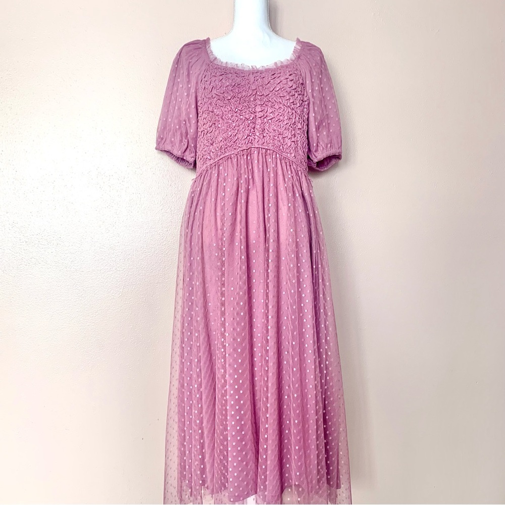 Deauville Pink Purple Polka Dot Smocked Ruffle Tulle Dress.